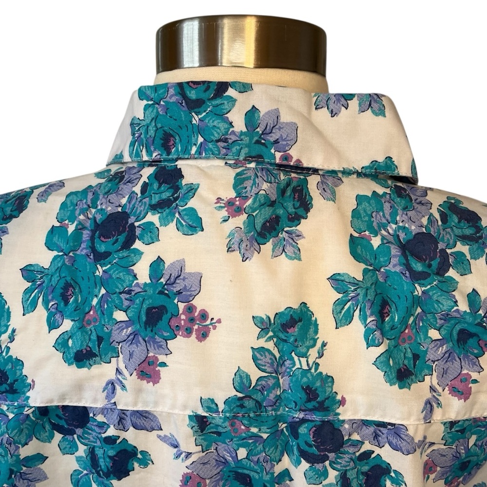 Vintage 90s floral print button down short sleeve shirt white blue M - Picture 4 of 16